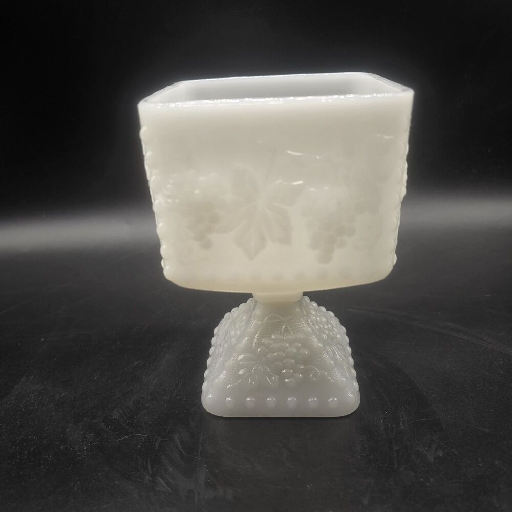 Anchor Hocking Milk Glass Grapes Pedestal Square Candy Dish White Vintage